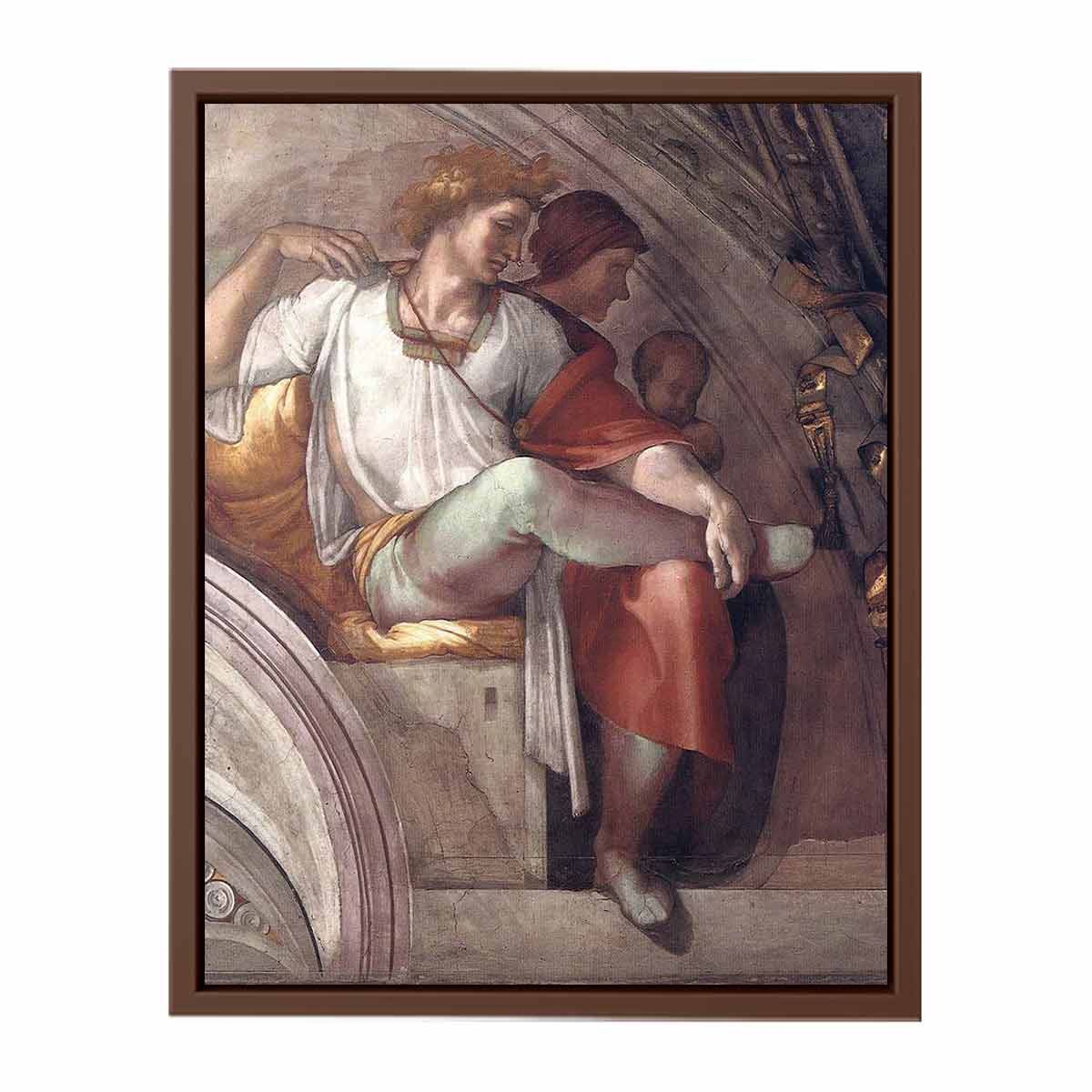 Right part of the "Eleazar and Mathan" lunette (inscribed "ELEAZAR · MATHAN") restored: Eleazar(or Elazar), father of Matt(h)an, and (probably) Eleazar's wife. By Michelangelo Buonarroti