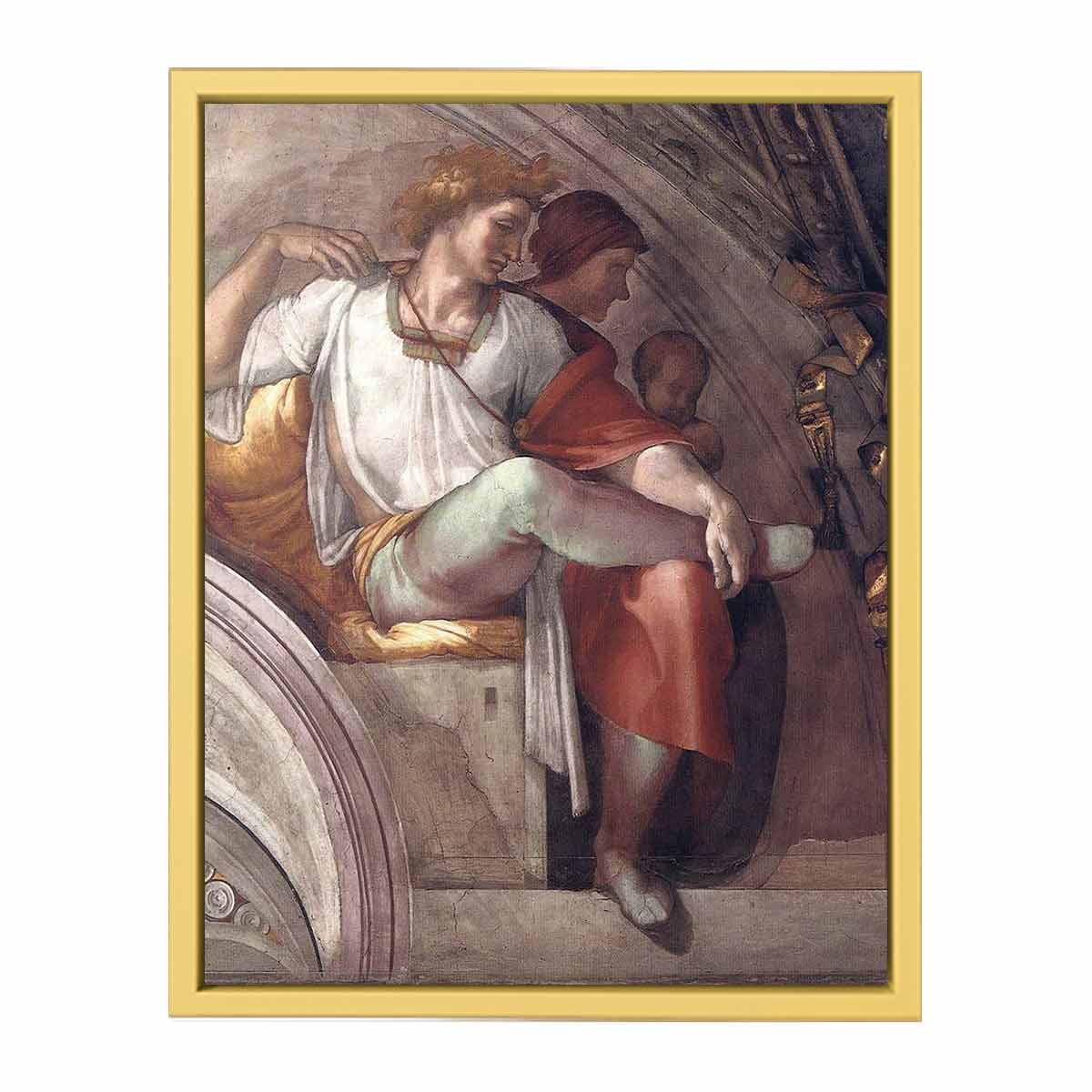 Right part of the "Eleazar and Mathan" lunette (inscribed "ELEAZAR · MATHAN") restored: Eleazar(or Elazar), father of Matt(h)an, and (probably) Eleazar's wife. By Michelangelo Buonarroti
