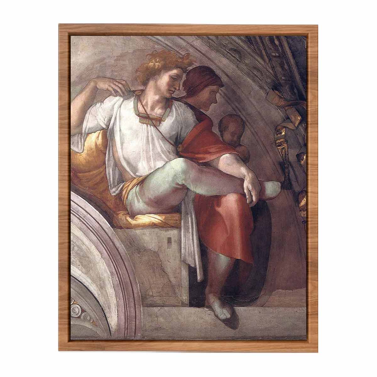 Right part of the "Eleazar and Mathan" lunette (inscribed "ELEAZAR · MATHAN") restored: Eleazar(or Elazar), father of Matt(h)an, and (probably) Eleazar's wife. By Michelangelo Buonarroti