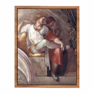 Right part of the "Eleazar and Mathan" lunette (inscribed "ELEAZAR · MATHAN") restored: Eleazar(or Elazar), father of Matt(h)an, and (probably) Eleazar's wife. By Michelangelo Buonarroti
