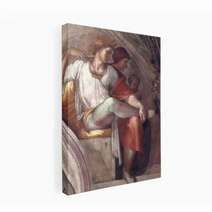 Right part of the "Eleazar and Mathan" lunette (inscribed "ELEAZAR · MATHAN") restored: Eleazar(or Elazar), father of Matt(h)an, and (probably) Eleazar's wife. By Michelangelo Buonarroti