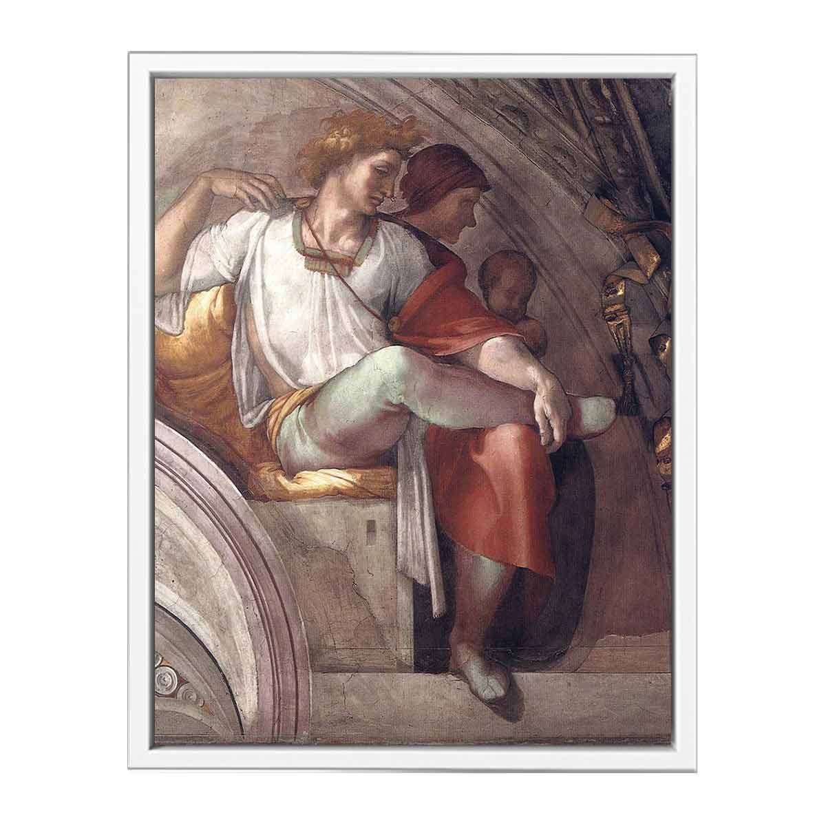 Right part of the "Eleazar and Mathan" lunette (inscribed "ELEAZAR · MATHAN") restored: Eleazar(or Elazar), father of Matt(h)an, and (probably) Eleazar's wife. By Michelangelo Buonarroti