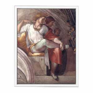Right part of the "Eleazar and Mathan" lunette (inscribed "ELEAZAR · MATHAN") restored: Eleazar(or Elazar), father of Matt(h)an, and (probably) Eleazar's wife. By Michelangelo Buonarroti