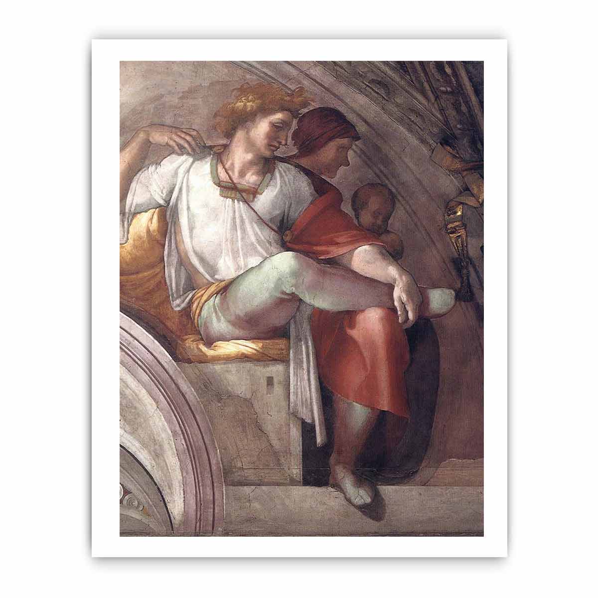Right part of the "Eleazar and Mathan" lunette (inscribed "ELEAZAR · MATHAN") restored: Eleazar(or Elazar), father of Matt(h)an, and (probably) Eleazar's wife. By Michelangelo Buonarroti