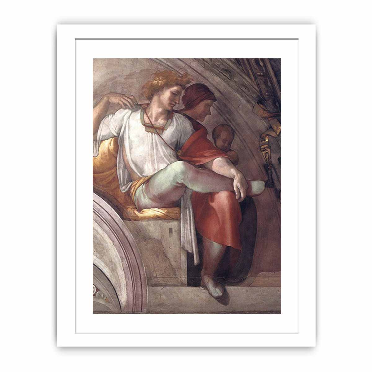 Right part of the "Eleazar and Mathan" lunette (inscribed "ELEAZAR · MATHAN") restored: Eleazar(or Elazar), father of Matt(h)an, and (probably) Eleazar's wife. By Michelangelo Buonarroti