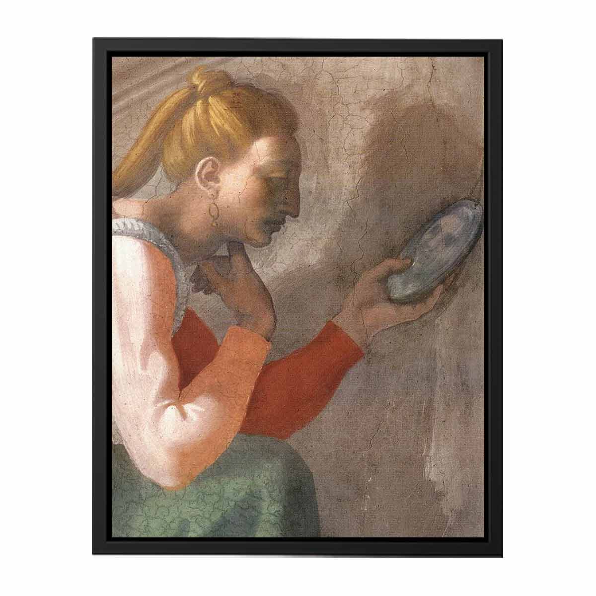 Detail des Naason-Freskos, unbekannte Frau links (restauriert) in einer Lünette nahe dem Altar By Michelangelo Buonarroti