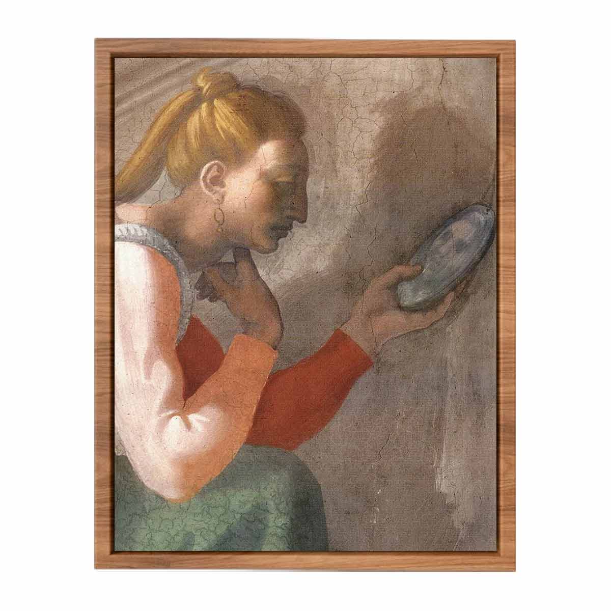 Detail des Naason-Freskos, unbekannte Frau links (restauriert) in einer Lünette nahe dem Altar By Michelangelo Buonarroti