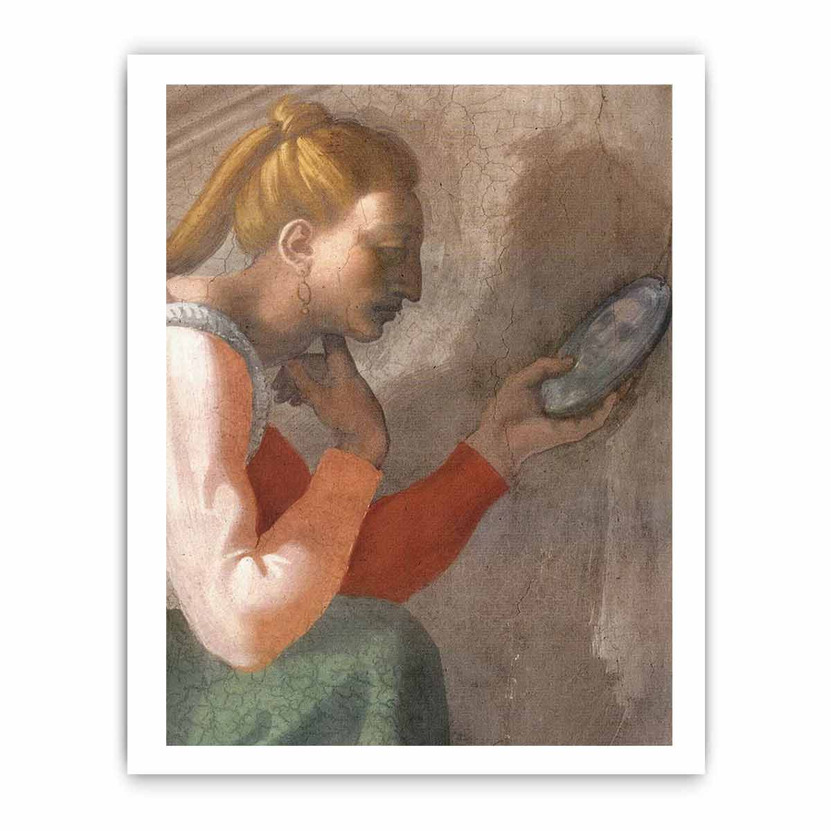 Detail des Naason-Freskos, unbekannte Frau links (restauriert) in einer Lünette nahe dem Altar By Michelangelo Buonarroti