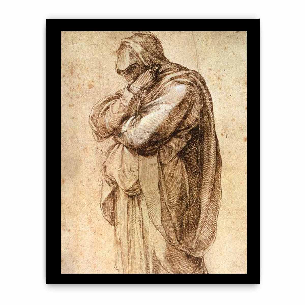Study of a Mourning Woman by Michelangelo Buonarroti, pen and brown ink heightened with white
