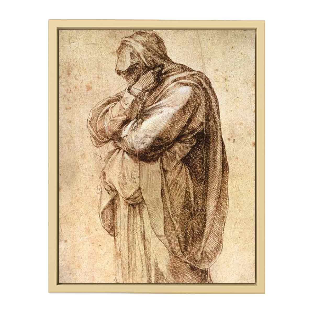 Study of a Mourning Woman by Michelangelo Buonarroti, pen and brown ink heightened with white