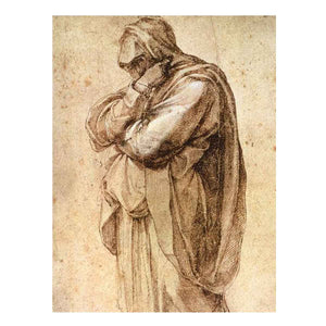 Study of a Mourning Woman by Michelangelo Buonarroti, pen and brown ink heightened with white