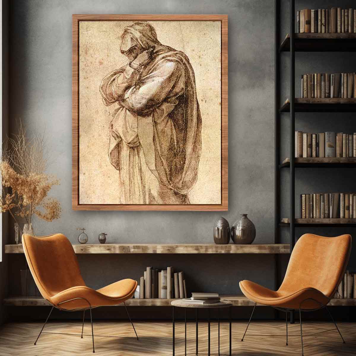 Study of a Mourning Woman by Michelangelo Buonarroti, pen and brown ink heightened with white