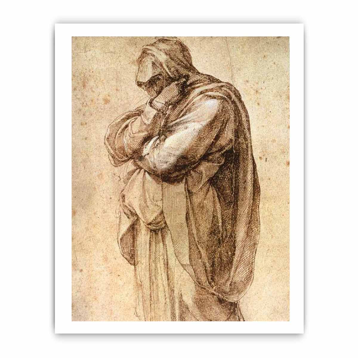 Study of a Mourning Woman by Michelangelo Buonarroti, pen and brown ink heightened with white