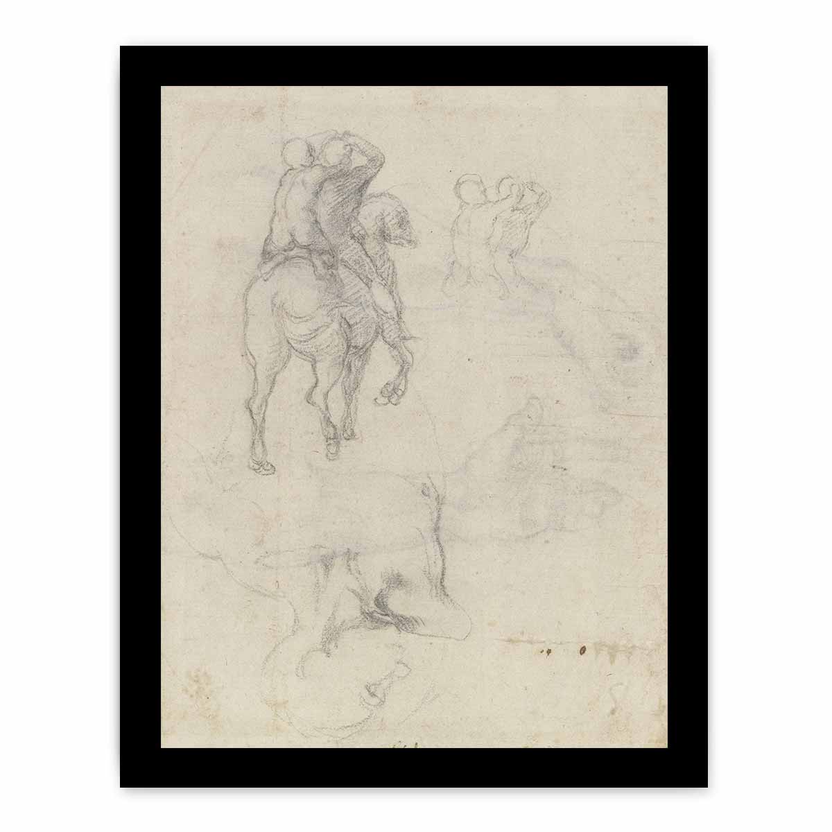 Studies of a Horse with Two Nude Riders and a Male Torso By Michelangelo Buonarroti