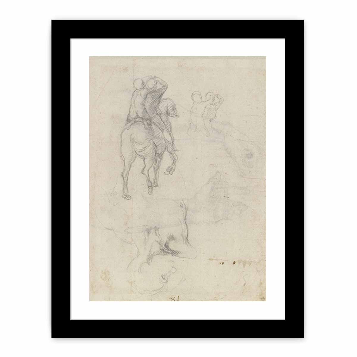 Studies of a Horse with Two Nude Riders and a Male Torso By Michelangelo Buonarroti