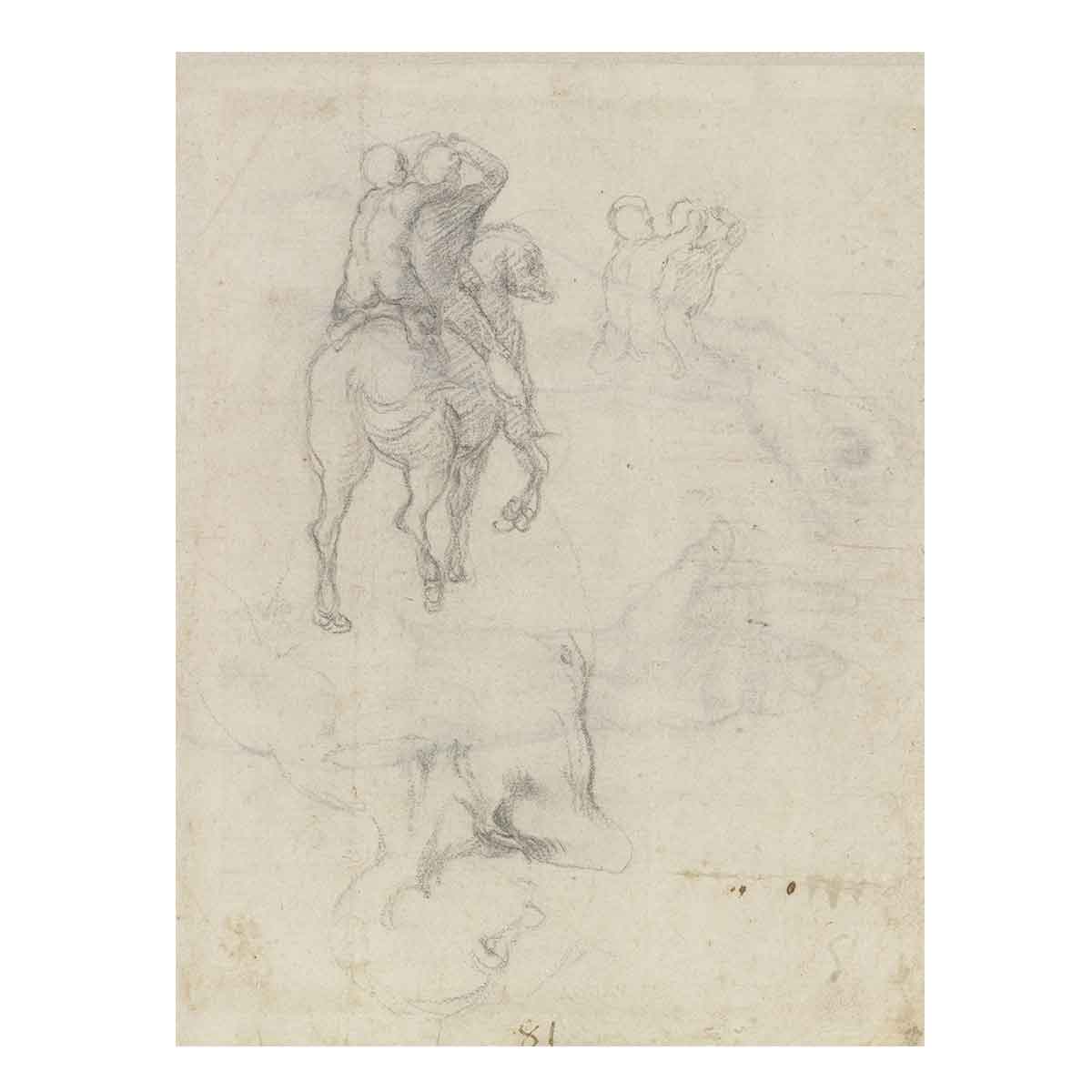 Studies of a Horse with Two Nude Riders and a Male Torso By Michelangelo Buonarroti