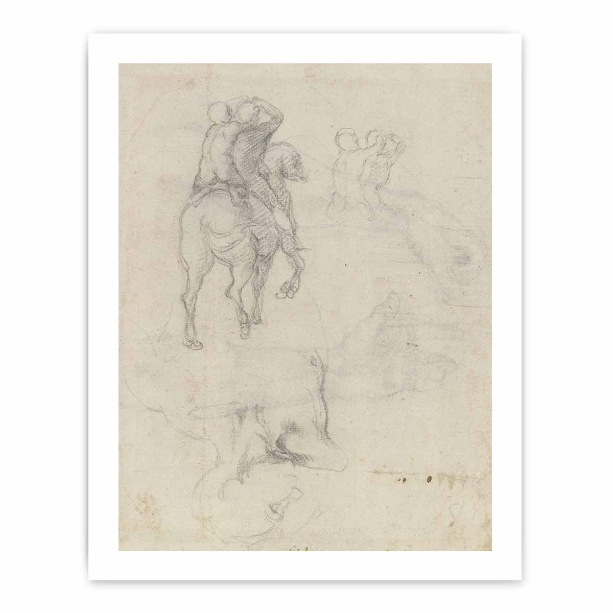 Studies of a Horse with Two Nude Riders and a Male Torso By Michelangelo Buonarroti
