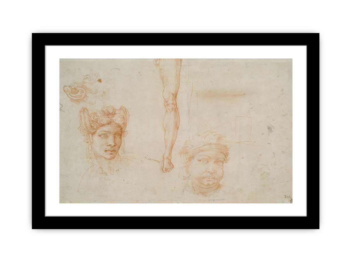 Studies of Heads, an Ear, and a Leg (verso) By Michelangelo Buonarroti