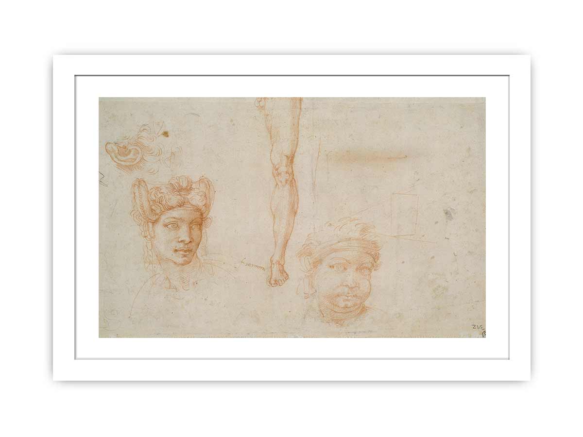 Studies of Heads, an Ear, and a Leg (verso) By Michelangelo Buonarroti