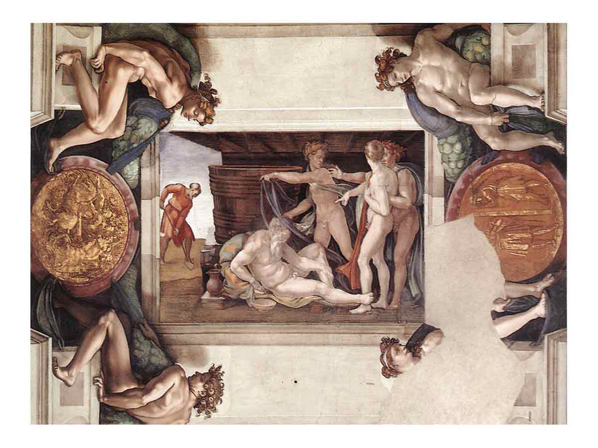 Drunkenness of Noah (with ignudi and medallions) 1509
