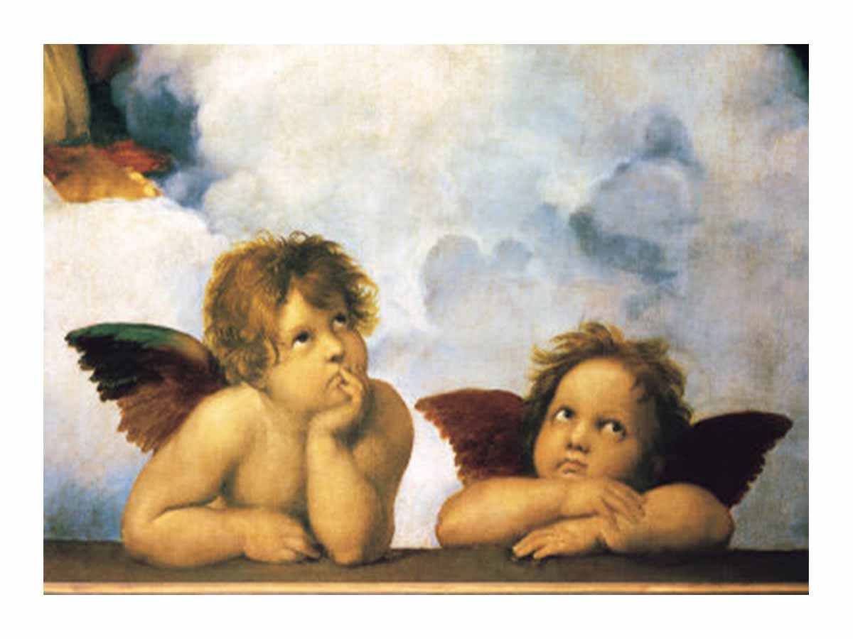 Two putti, as seen in the painting Sistine Madonna by Raphael