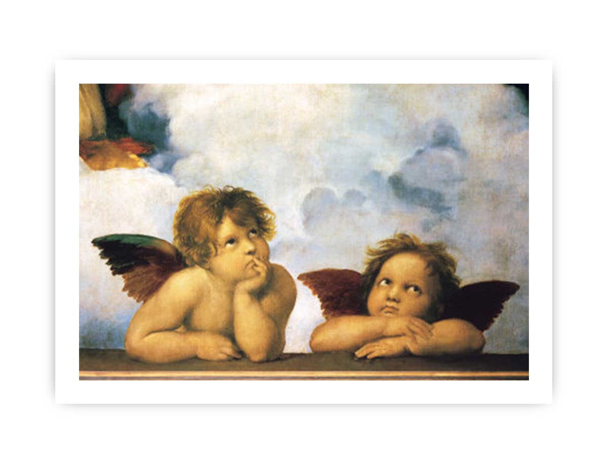 Two putti, as seen in the painting Sistine Madonna by Raphael