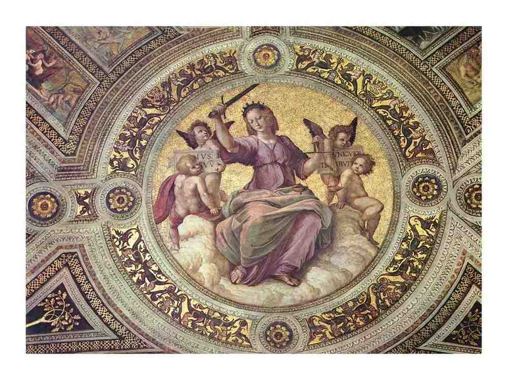 Stanza della Segnatura im Vatikan für Papst Julius II., Deckenfresko, Detail, Szene: Justitia, Tondo By Raphael