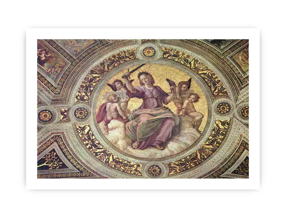 Stanza della Segnatura im Vatikan für Papst Julius II., Deckenfresko, Detail, Szene: Justitia, Tondo By Raphael