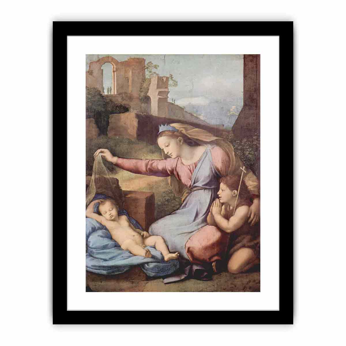 Maria und Johannes der Täufer beten das schlafende Christuskind an (Madonna mit der Krone) By Raphael