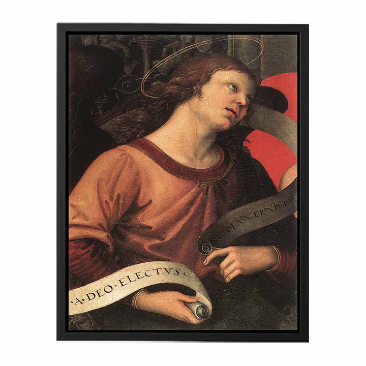 Altarpiece of St. Nicholas of Tolentino (detail of an angel holding and inscription) 1501