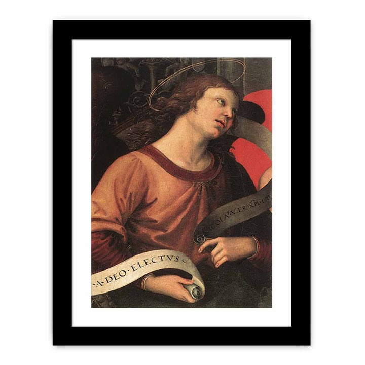 Altarpiece of St. Nicholas of Tolentino (detail of an angel holding and inscription) 1501
