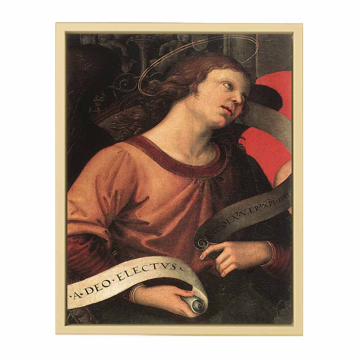 Altarpiece of St. Nicholas of Tolentino (detail of an angel holding and inscription) 1501