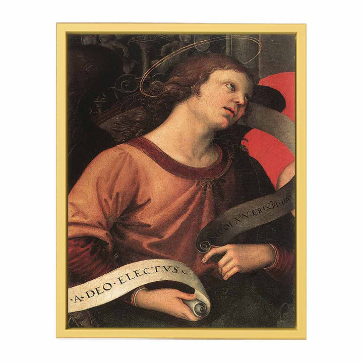 Altarpiece of St. Nicholas of Tolentino (detail of an angel holding and inscription) 1501