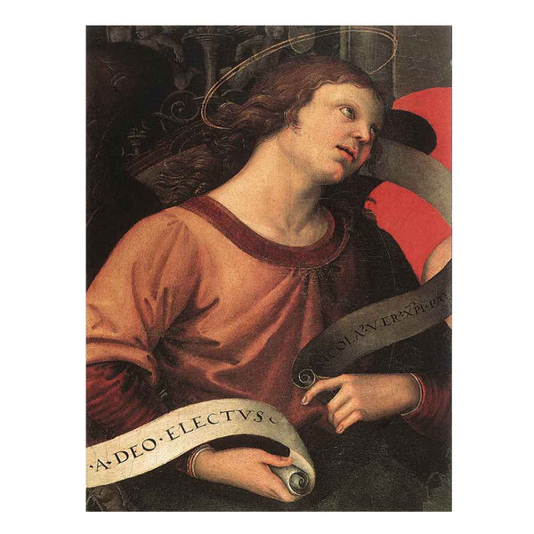 Altarpiece of St. Nicholas of Tolentino (detail of an angel holding and inscription) 1501