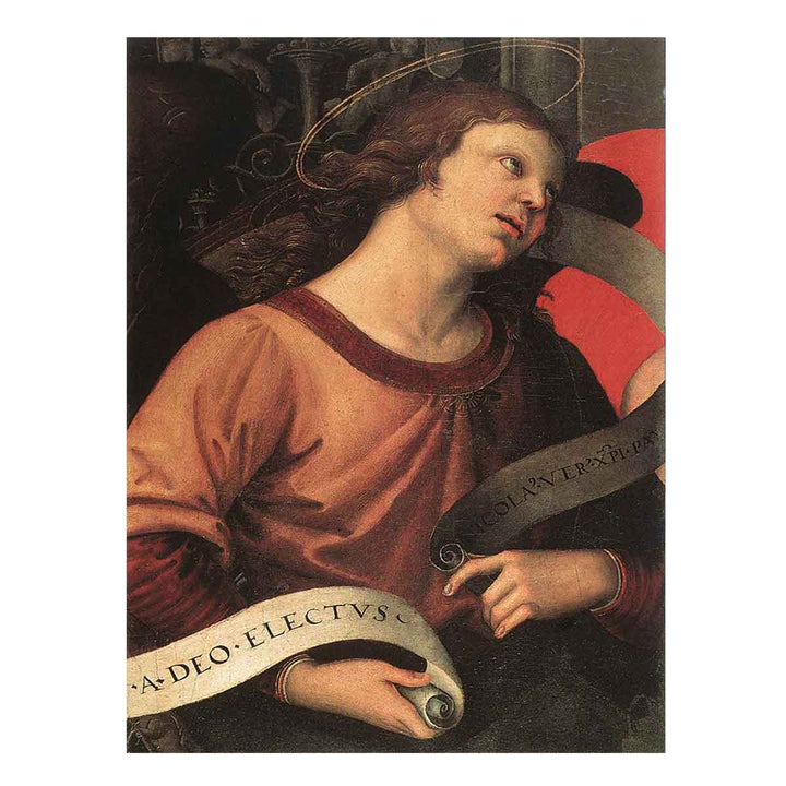 Altarpiece of St. Nicholas of Tolentino (detail of an angel holding and inscription) 1501