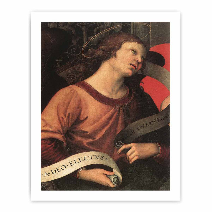 Altarpiece of St. Nicholas of Tolentino (detail of an angel holding and inscription) 1501