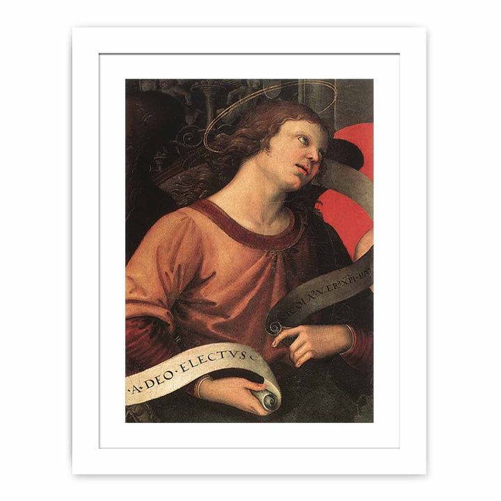 Altarpiece of St. Nicholas of Tolentino (detail of an angel holding and inscription) 1501
