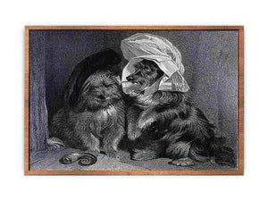Two dogs dressed in comical human costumes.