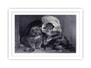 Two dogs dressed in comical human costumes.