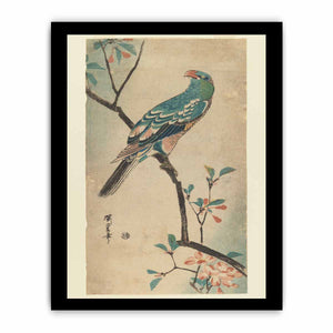 Green Parrot on a branch with red flowers