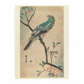 Green Parrot on a branch with red flowers