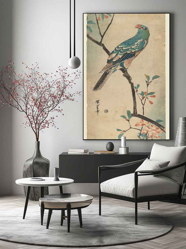 Green Parrot on a branch with red flowers