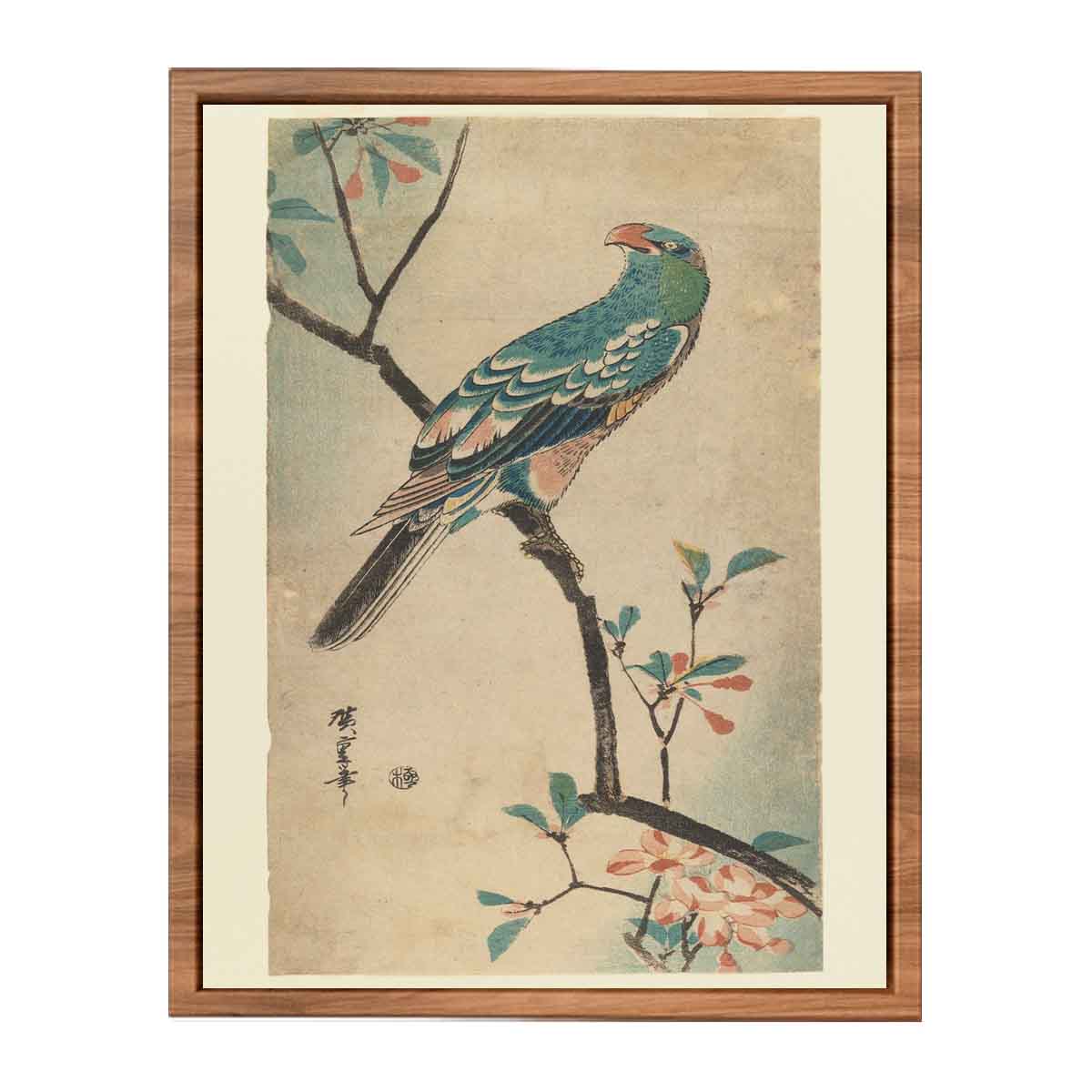 Green Parrot on a branch with red flowers
