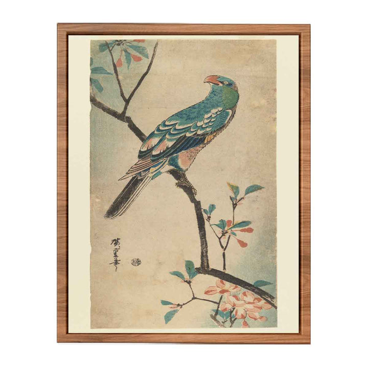 Green Parrot on a branch with red flowers