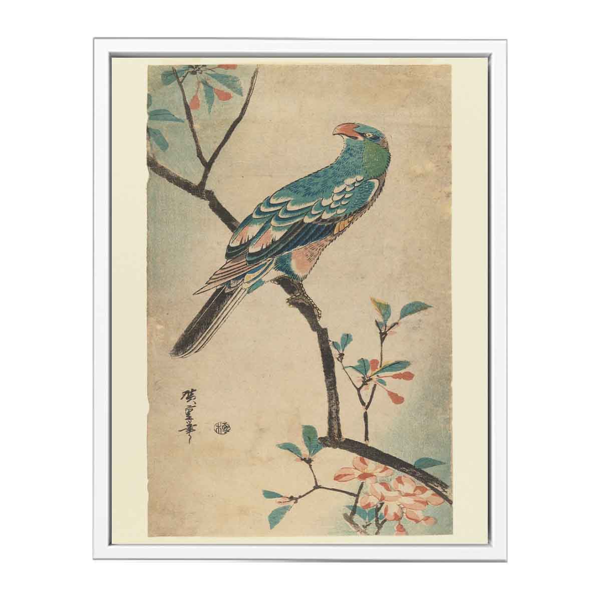 Green Parrot on a branch with red flowers