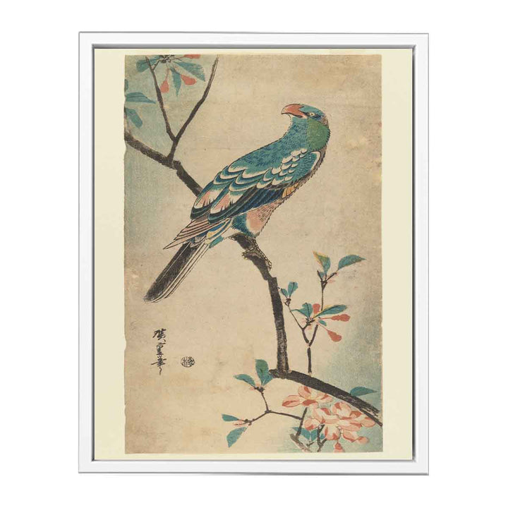 Green Parrot on a branch with red flowers