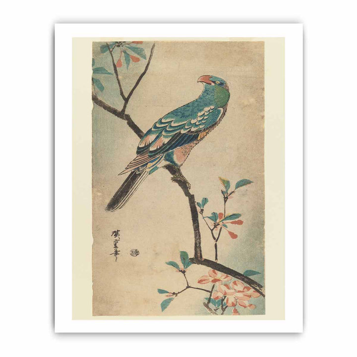 Green Parrot on a branch with red flowers