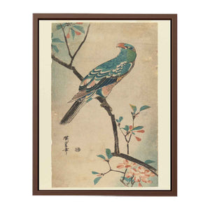 Green Parrot on a branch with red flowers