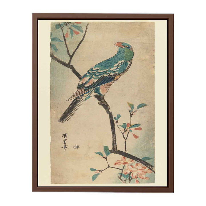 Green Parrot on a branch with red flowers