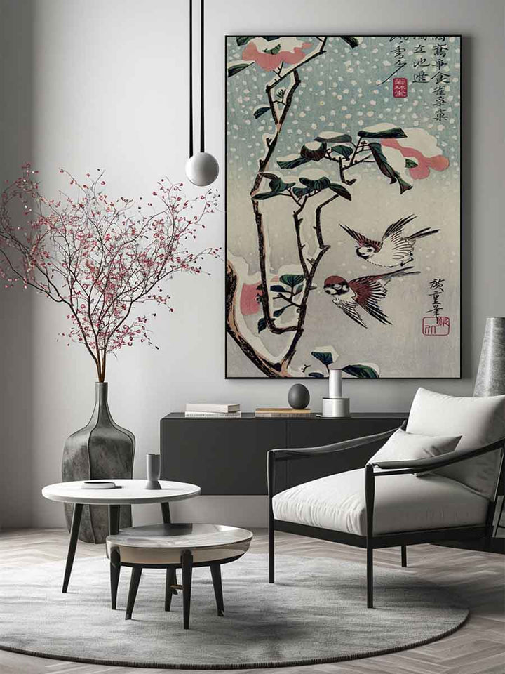 Secchu Tsubaki ni Suzume (Sparrows and Camellias in the Snow)